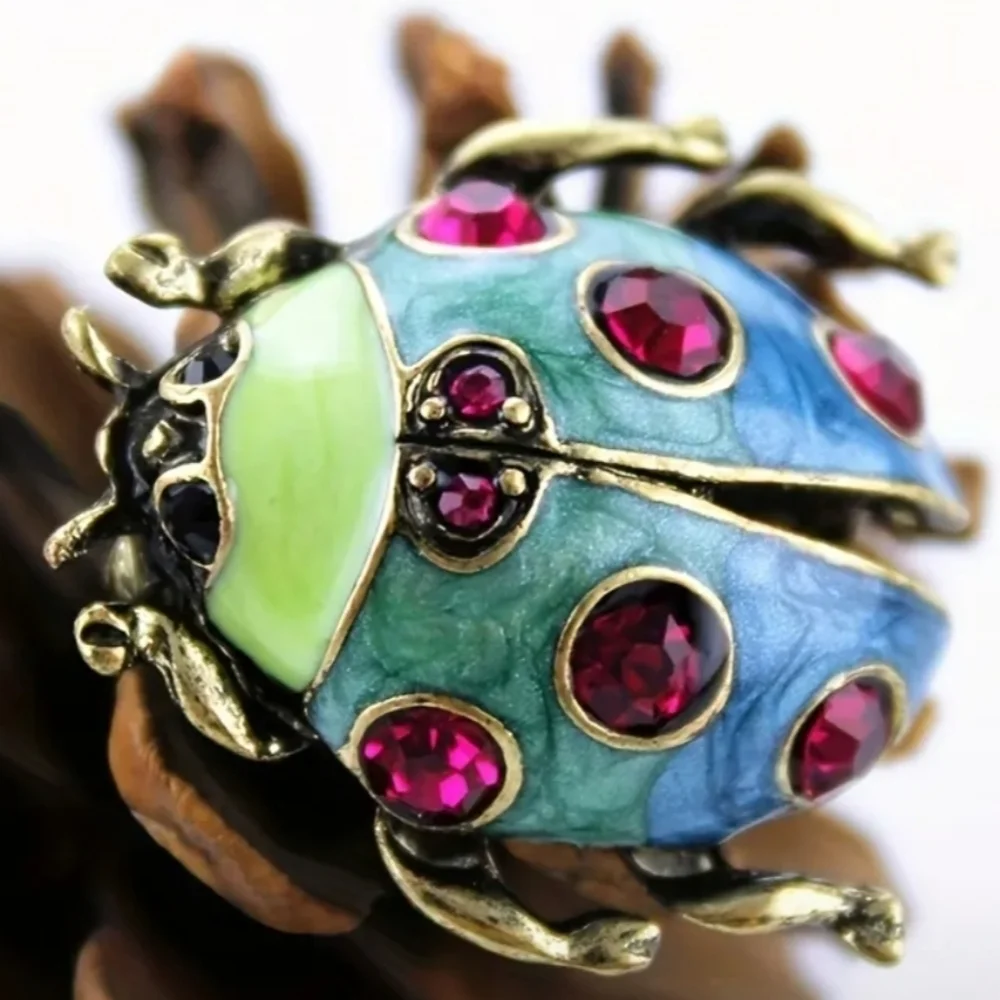 NEW 🐞 Rainbow Colored Beatle Lady Bug Womens Pin Brooch Red Rhinstone Gold Tone